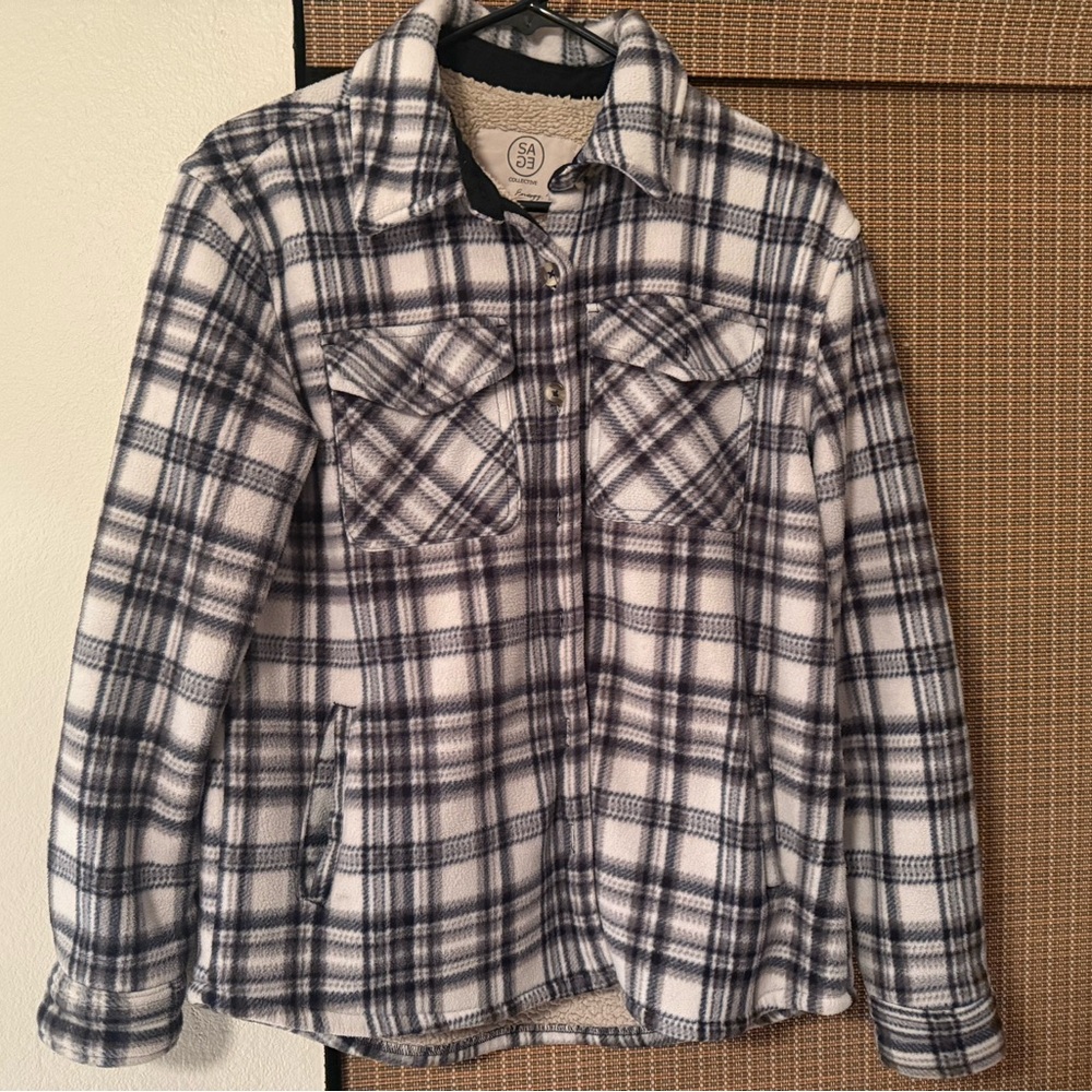 Costco SAGE Plaid Button-Up Jacket. Blueish grayish color